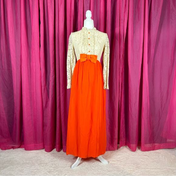 Vintage 70s Unbranded orange Chiffon and cream lace maxi dress, size small or xs - Picture 1 of 12